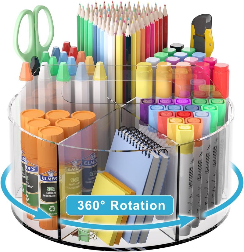 Wawocs Acrylic Pen Holder for Desks, Acrylic Desk Organizer Clear, 360 Degree Pencil Holder for Desk Kids, Rotating Desk Organizer Rotating Pen Holder for Desk, Art Supply Storage Organizer 6 Compartments - Image 1